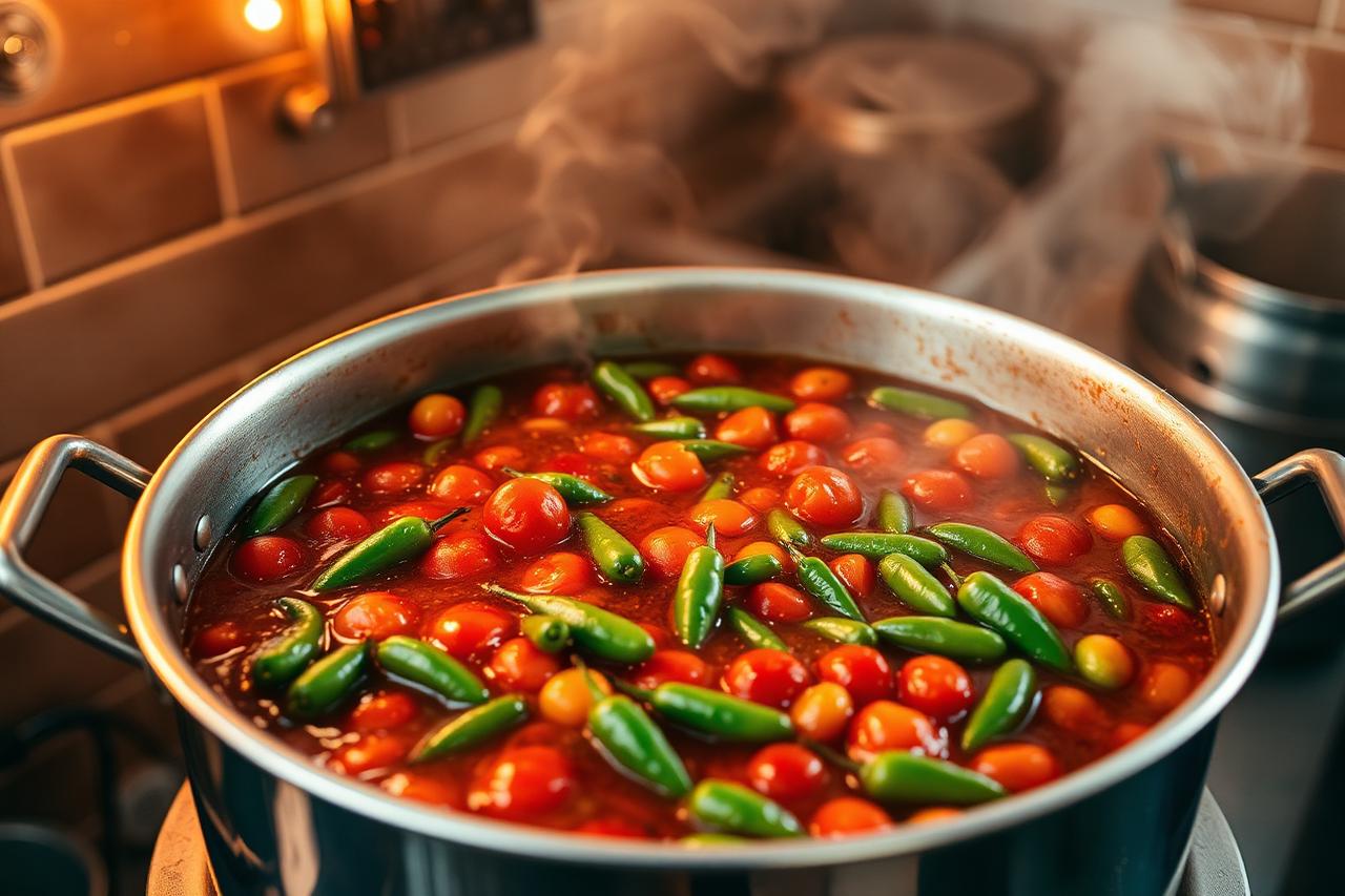 Cocción de tomates y chiles en cazo de acero